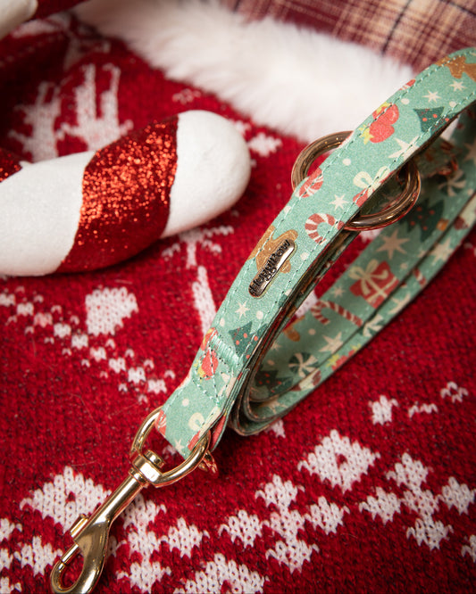 Dog leash with festive pattern on a red fabric background