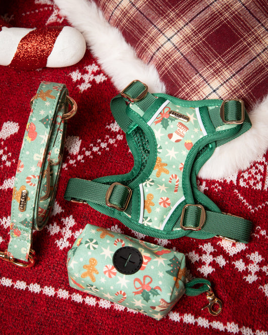 Dog harness, leash, and bag set with Christmas pattern on a red and white checkered fabric background
