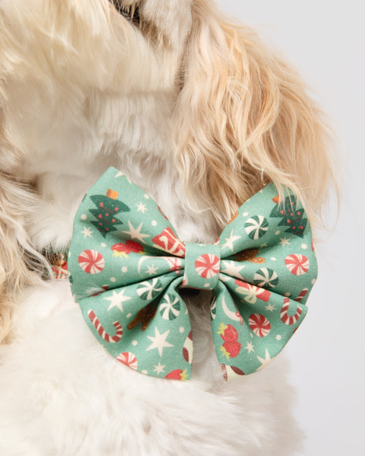 Dog wearing a festive bow tie with a white background