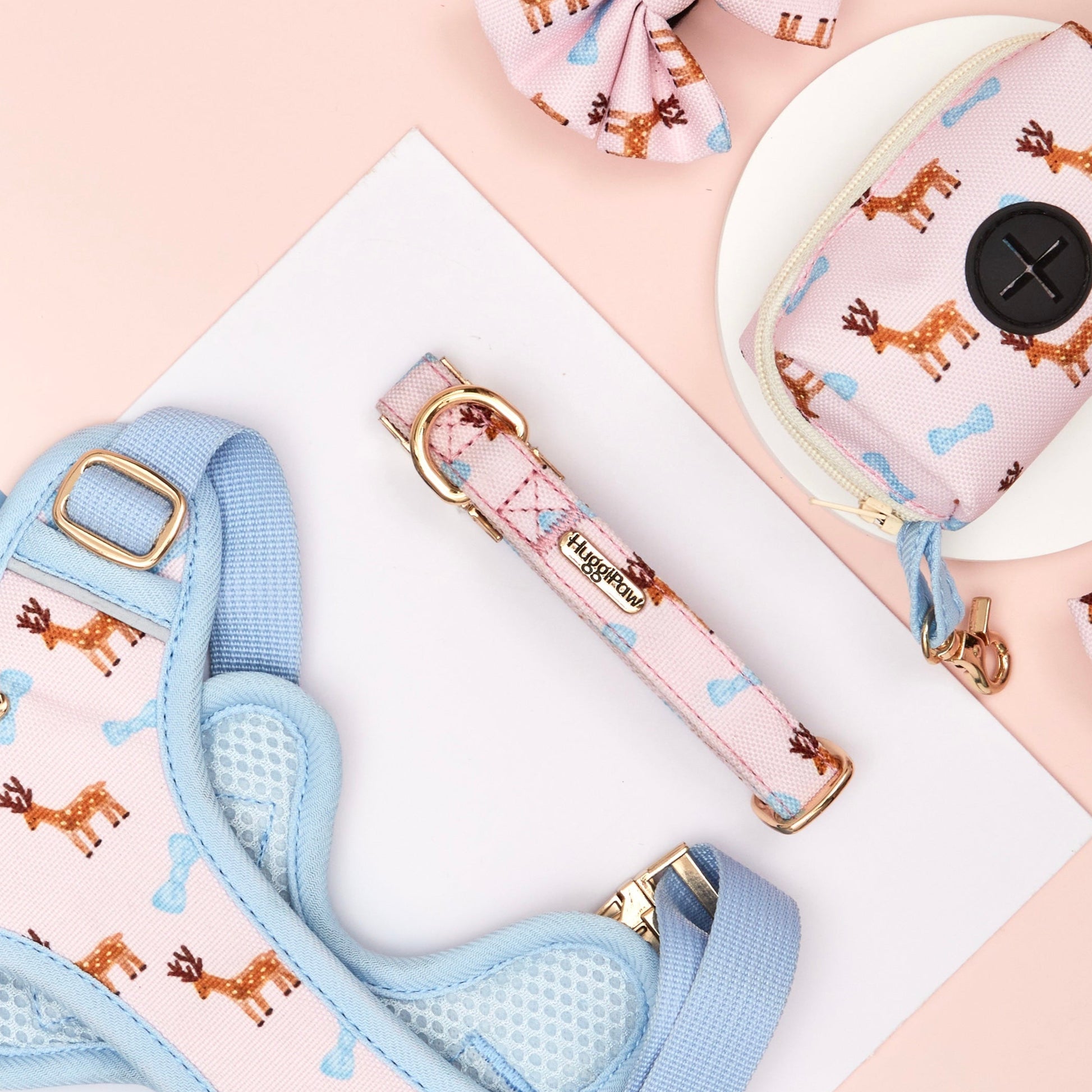 Dog harness, leash, and collar set with deer pattern on a blue and beige background