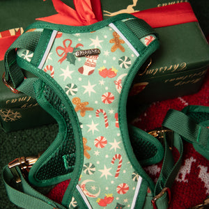 Christmas-themed dog harness on a red and green background with presents.
