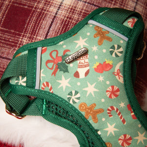 Dog harness with festive pattern on a plaid fabric background
