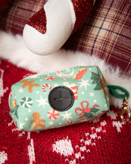 Small bag with Christmas pattern on a red textured surface