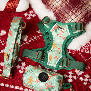 Dog harness, leash, and bag set with Christmas pattern on a red and white checkered fabric background